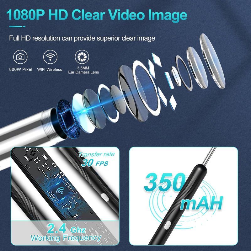 [Australia] - Earwax Remover Otoscope, 1080P Wifi Ear Cleaner Camera, IP67 Waterproof Ear Mirror 360° Wide Angle Ear Cleaner Otoscope Ear with 3.5mm Lens and 6 LEDs for iPhone, iPad and Android, Smartphones 
