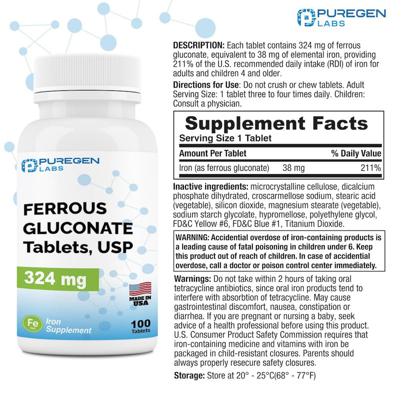 [Australia] - Puregen Labs Ferrous Gluconate 324 mg [High Potency] Iron Supplement, Gentle on Stomach - 100 Tablets 1 