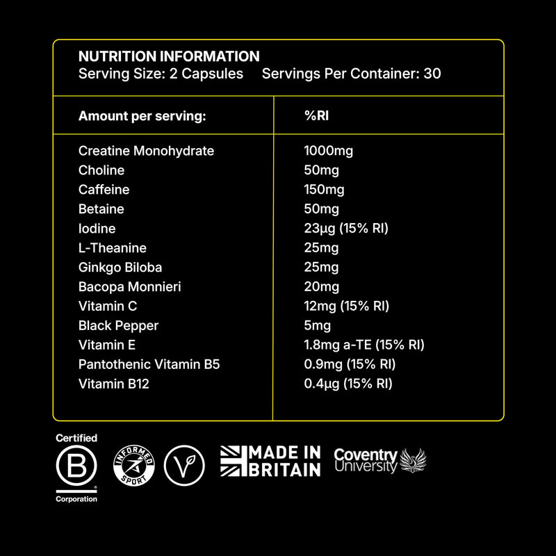 HP-1 Focus Supplement 30-Day Supply (60 Capsules) | Vegan Nootropics Brain Supplements Containing Creatine, Caffeine, L Theanine | Supports Mental Clarity & Focus Without Crashing