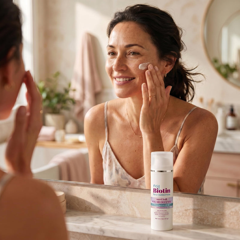 MyBiotin Luxe Mineral Sunscreen SPF 50 Face - 24% Zinc Oxide, No White Cast | Vitamin C, CoQ10, Biotin - Anti-Aging Broad Spectrum Reef Safe Sunscreen for Face | 2 oz Airless Pump