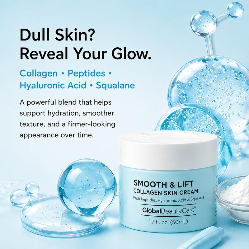 Global Beauty Care Smooth & Lift Collagen Skin Cream - Hydrating Face Moisturizer to Support Skin Elasticity with Peptides, Hyaluronic Acid, Squalane, Niacinamide & Vitamin E, 1.7 fl oz (3 Pack) 0.57 Fl Oz (Pack of 3)