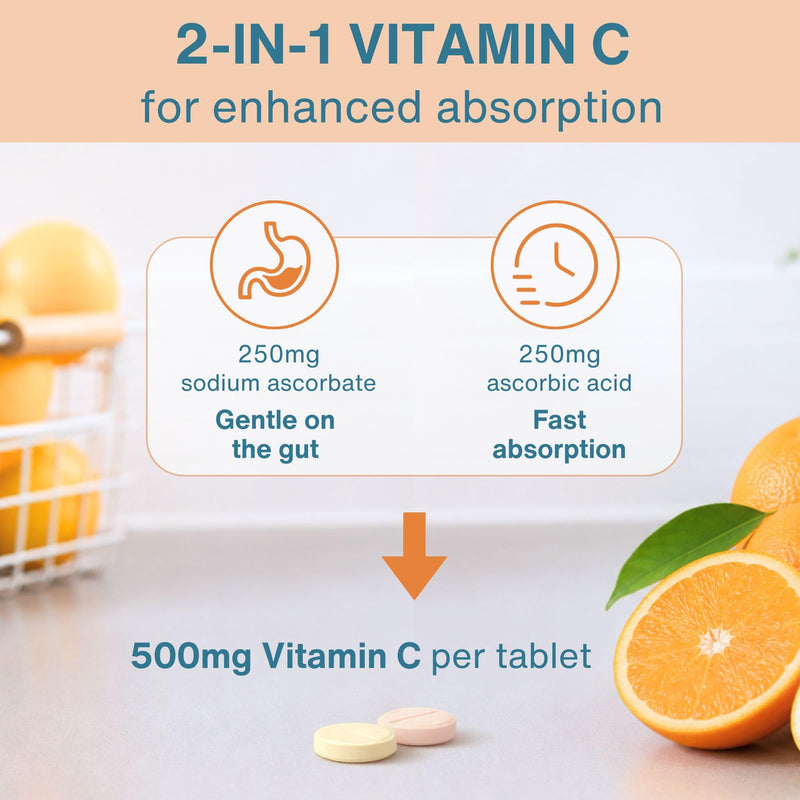 Igennus Vitamin C Chewable 250-500mg Gentle & Buffered for Kids & Adults | Optimized Absorption with Sodium Ascorbate & Ascorbic Acid, Sugar Free Natural Orange & Lemon Flavors, 120–240 Servings