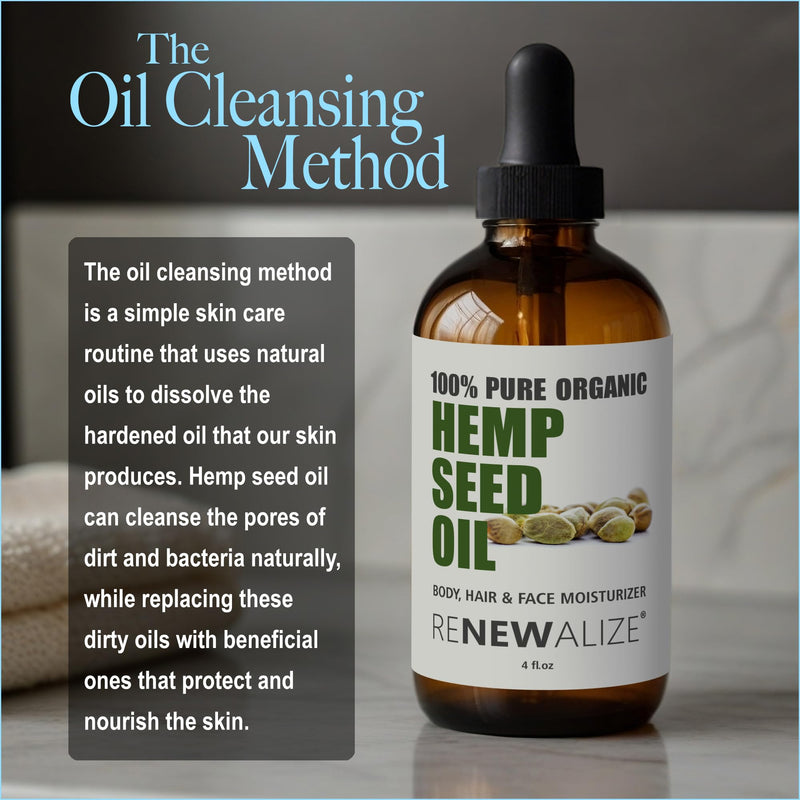 Organic Hemp Seed Cleansing Oil - Face Cleanser and Moisturizer | 100% Pure Cold Pressed and Unrefined | Best Daily, Night time, Facial Regimen for Acne Pimple Prone Skin 4oz