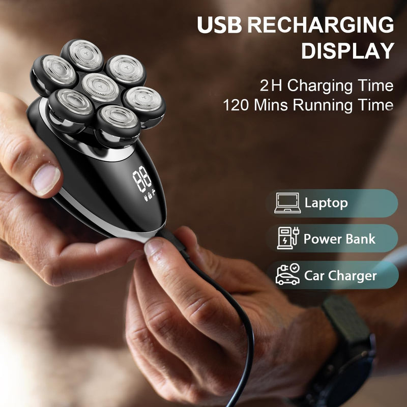 [Australia] - Head Shaver for Bald Men, 7D Electric Rechargeable Wet/Dry Shaving Razor with LED Display, 5-in-1 Grooming Kit Waterproof Bald Head Trimmer, Ideal Gift for Men (Black) Black 