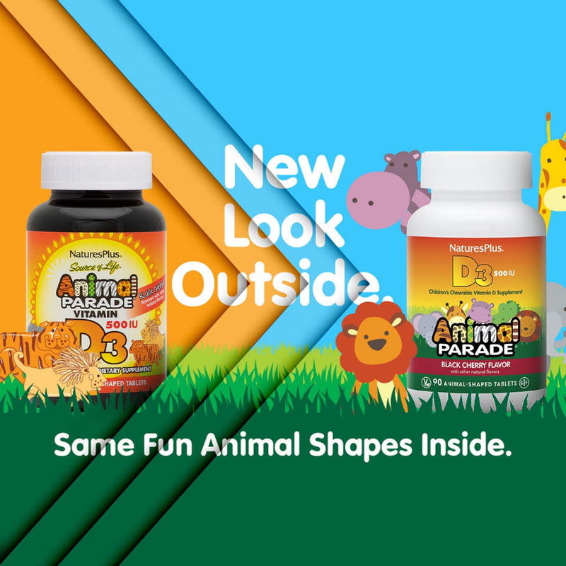 NaturesPlus Animal Parade Vitamin D3 Children’s Chewables - Black Cherry Flavor - 90 Animal-Shaped Tablets - Gluten Free, Vegetarian, Hypoallergenic - 90 Servings 90 Count (Pack of 1)