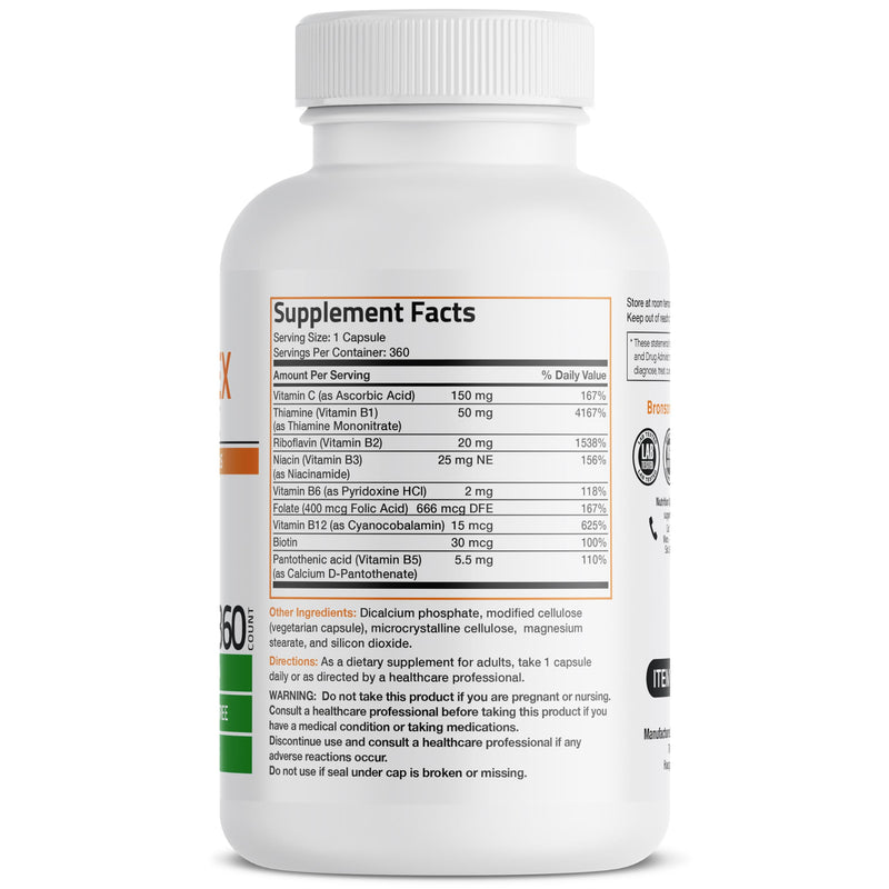 Bronson Vitamin B Complex with Vitamin C Vegetarian Capsules, 360 Count | Immune Health, Energy Support, Nervous System Support, Non-GMO, Soy-Free, Gluten-Free, Contains All B Vitamins Unflavored 360 Count (Pack of 1)