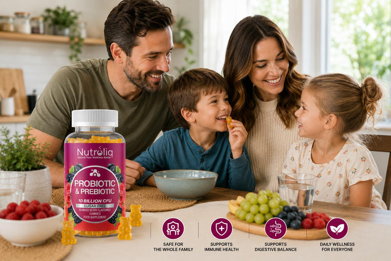 Nutroliq Prebiotic & Probiotic Sugar-Free Gummies - Gut Health Supplements for Women, Men, Kids to Support Digestive System, Immune System Booster - 10 Billion CFU Per Serving, Vegan - 60 Gummies 60 count (Pack of 1)