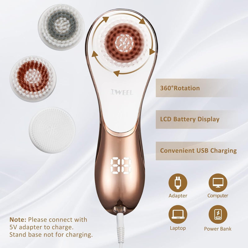 Electric Face Brush Scrubber Rechargeable Facial Exfoliator IPX-7 Waterproof Spin Cleanser Rotating Spa Machine for Exfoliating, Massaging and Deep Cleansing with 4 Brush Heads White & Rose Gold