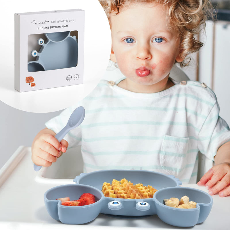 [Australia] - ROCCED Suction Plates for Baby, Silicone Plates with Suction Divided, Baby Spoon Fork Set for Toddler Baby Dishes Kids Plates and Utensils-Crab Dusty Blue 