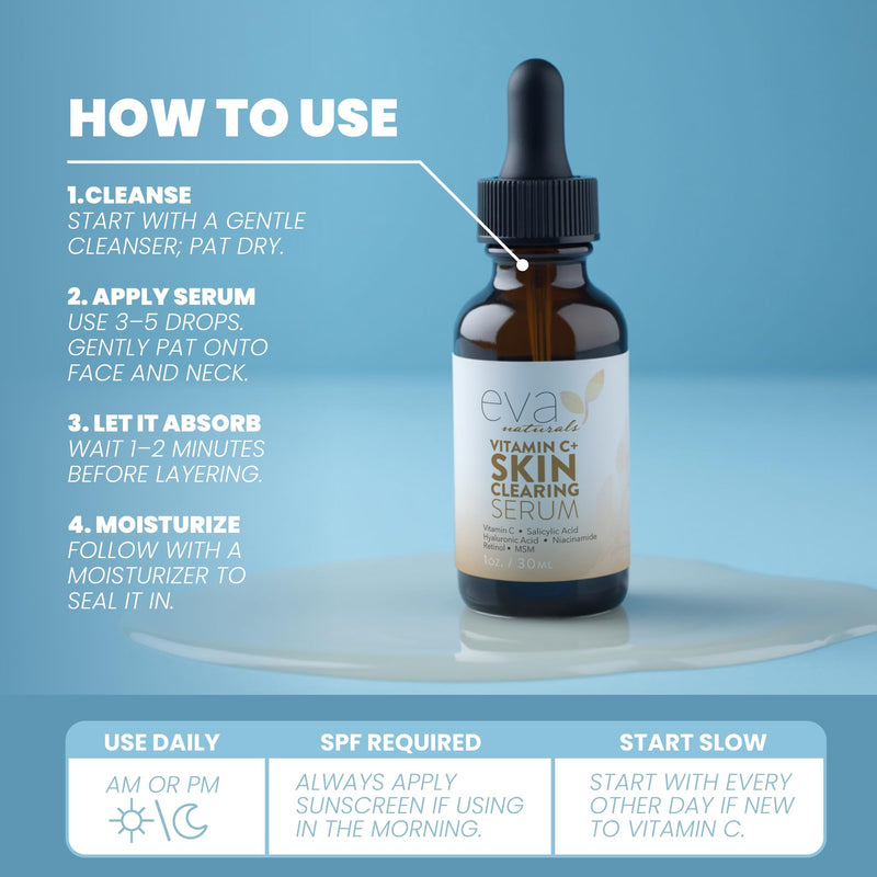 Eva Naturals Vitamin C Serum, Retinol, Salicylic Acid & Niacinamide, Acne | Hyaluronic acid, msm, dark spots, blemishes, spot treatment, skin clearing, anti-aging 1 Fl Oz (Pack of 1)