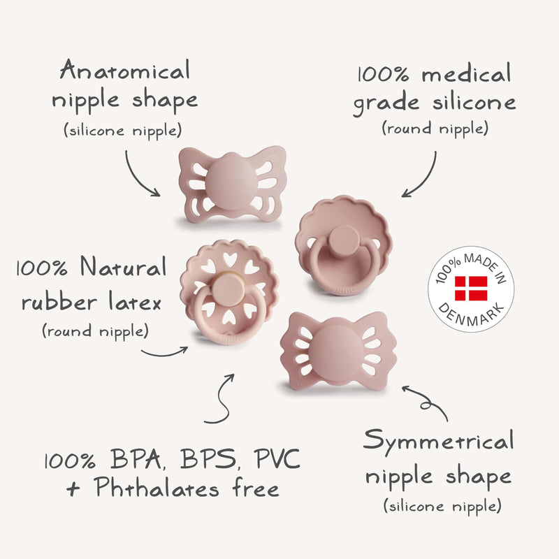 [Australia] - FRIGG Baby's First Pacifier Set | Floral Heart 4-Pack | Made in Denmark | BPA-Free (Blush, 0-6 Months) Blush 