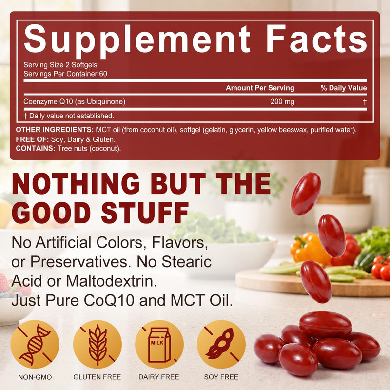 CoQ10 Softgel Capsules 120 Count, High Strength Coenzyme Q10 with MCT Coconut Oil, Supports Natural Energy Production & Heart Function | Non-GMO, Gluten & Dairy Free