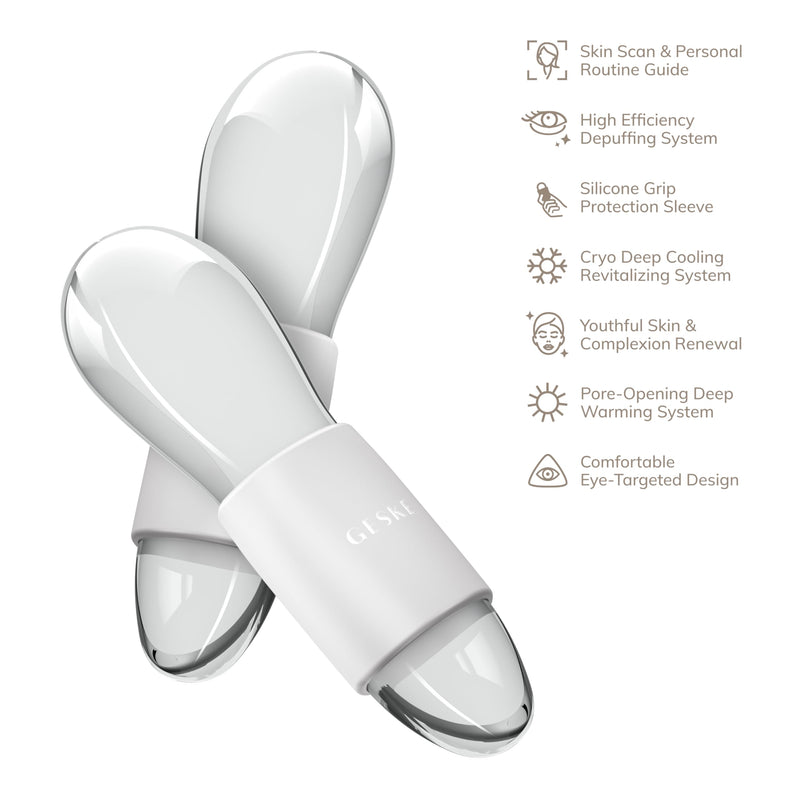 GESKE SmartAppGuided™ Cool & Warm Duo Eye Massager | 7 in 1 | Time-saving Dual Massager | For Eyes & Face | Battery-free Cooling & Warming | Firms, Relaxes & De-Puffs Skin White
