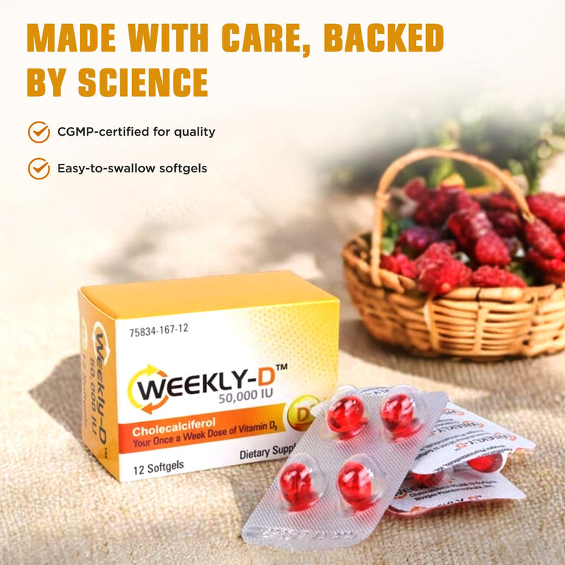 Nivagen Weekly-D Vitamin D3 50,000 IU (Cholecalciferol) | Once-Weekly High Potency Softgels | 12 Softgels | Supports Bone, Muscle & Immune Health | Easy to Swallow | Non-GMO, Gluten Free | Made in USA