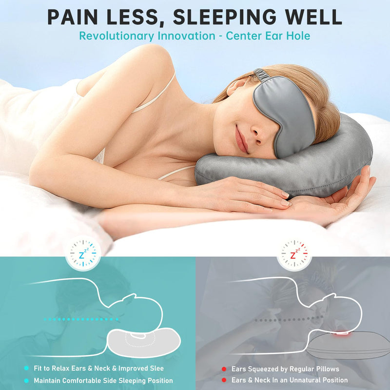 Ear Piercing Pillow for Side Sleepers - Silky Satin Piercing Pillow & Eye Mask Set with Ear Hole,CNH & Ear Pain Relief,Inflammation,Pressure Sores,Ear Guard,Washable Donut Pillow for Head Grey2