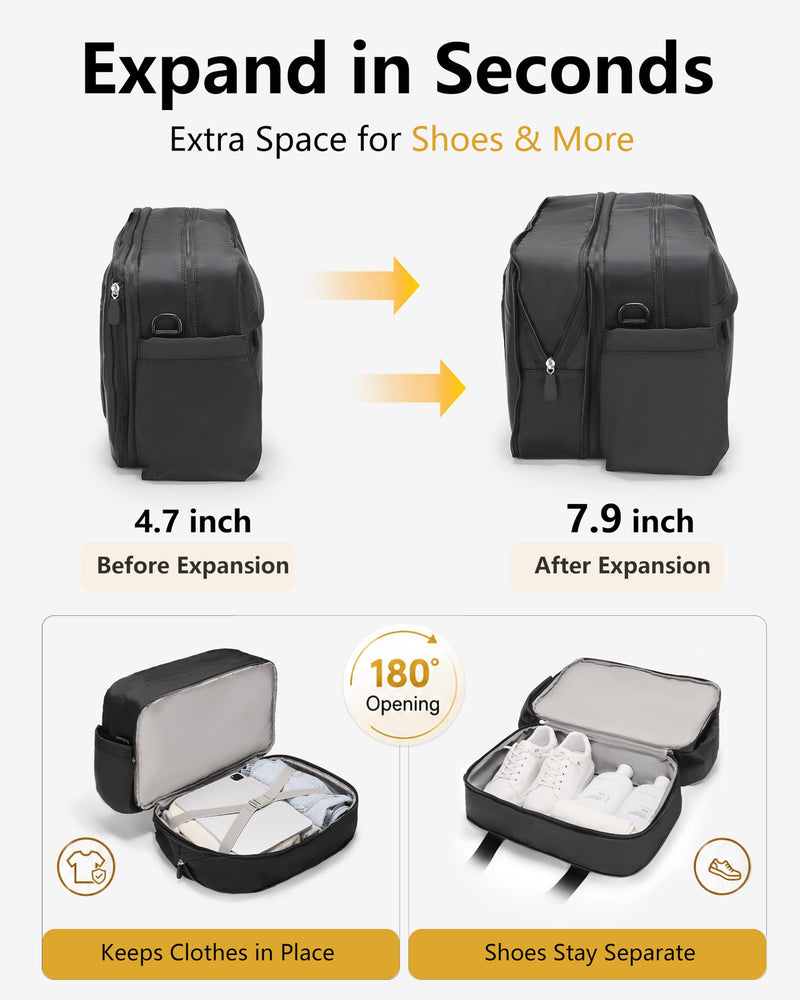 Expandable Travel Bag, Underseat Carry-On Weekender, Black | 15/20L Airline Personal Item Duffel for Women/Men with Shoe Compartment/Wet Pocket/Luggage Sleeve for Gym/Hospital/Maternity