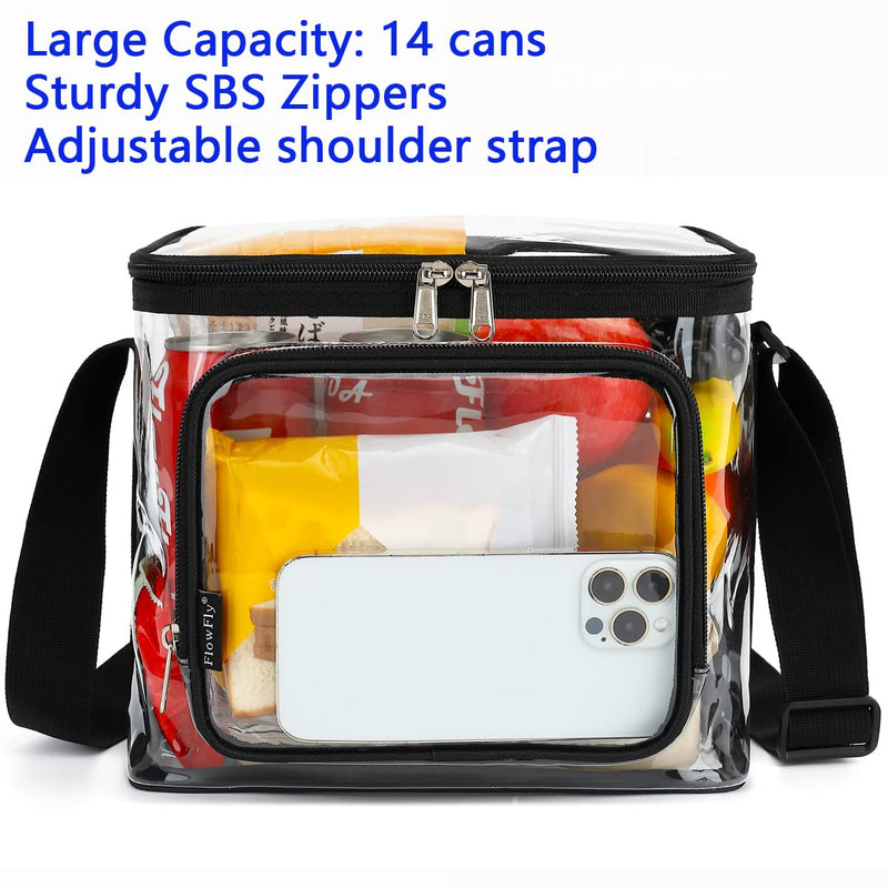 [Australia] - FlowFly Clear Lunch Bag Adult Large Heavy Duty Transparent Stadium Approved Lunch Box for Women and Men with Adjustable Shoulder Strap, Front Zipper Pocket, Clear 
