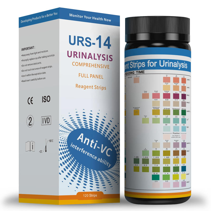 [Australia] - 14-Parameters URS Test Strips for Urinalysis [120 Count], Detection Liver & Kidney, UTI, Ketosis - CRT, SG, PRO, BIL, KET, +9 More 