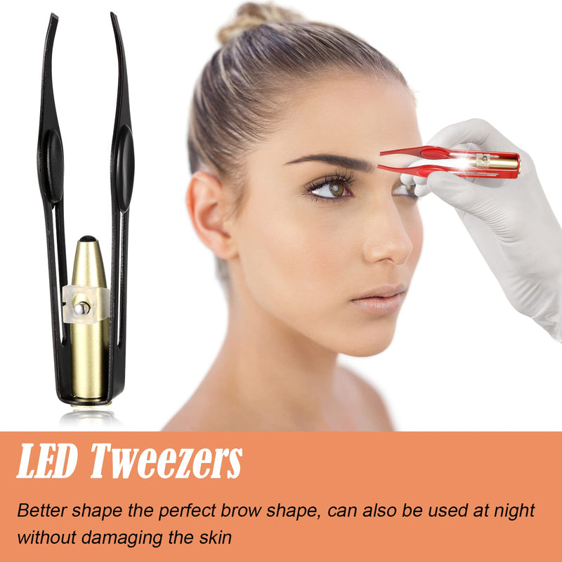 [Australia] - Pack of 2 Tweezers with LED Light Tweezers Eyebrow Plucking Hair Removal Illuminated Tweezers Make Up Stainless Steel Eyebrow Tweezers Women Precision Eyebrow Tools Hair Removal Black Red 