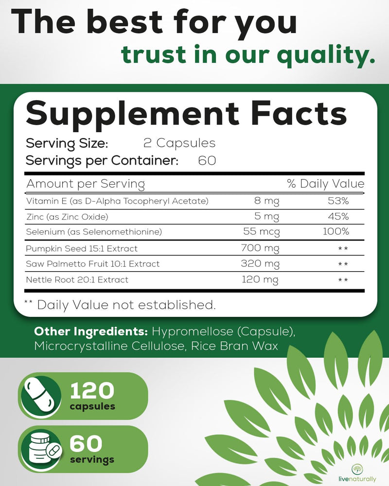 Prostate Health Supplement for Men - Saw Palmetto with Pumpkin Seed, Stinging Nettle, Zinc and Selenium - Supports Urinary Flow and Bladder Comfort - Vegan, 120 Capsules, 60 Day Supply