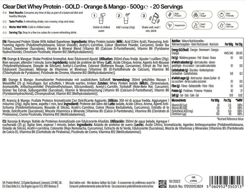 Protein Works | Clear Diet Whey Protein - Gold Innovation, Whey Protein Isolate Powder, Refreshing High Protein Drink, Orange & Mango, 20 Servings, 500g 500g (20 Shakes)