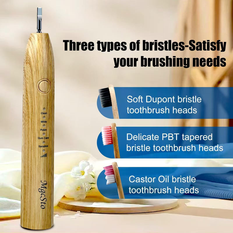 [Australia] - Electric Bamboo Toothbrush Sonic Toothbrush - 4 Replaceable Bamboo Brush Heads Eco-Friendly IPX7 Waterproof Electric Toothbrush, One-Button Switch Five-Mode Brushing 