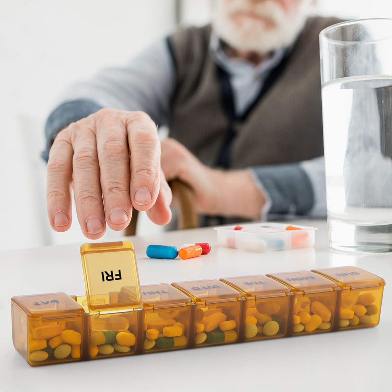 BUG HULL Weekly Pill Organizer Large 2 Packs, Extra Large Travel Pill Organizers, Pill Box 7 Day, Travel Pill Case, Medicine Pill Organizer for Vitamins, Supplements and Medications (Brown+White) Brown + White