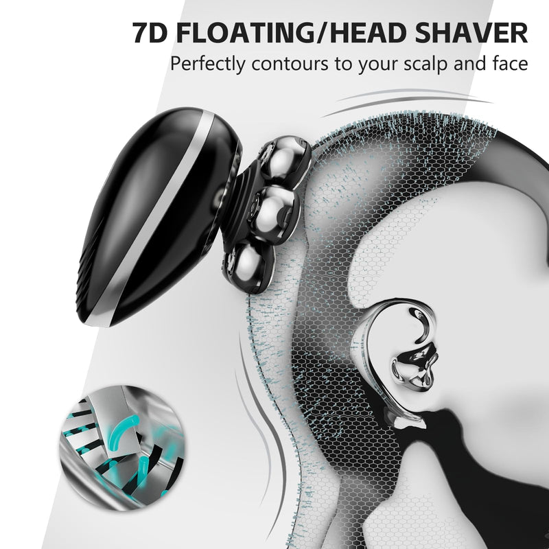 [Australia] - Head Shaver for Bald Men, 7D Electric Rechargeable Wet/Dry Shaving Razor with LED Display, 5-in-1 Grooming Kit Waterproof Bald Head Trimmer, Ideal Gift for Men (Black) Black 