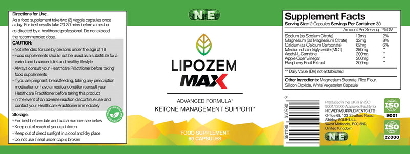 Lipozem Max Vegan Food Supplement, 60 Capsules, Keto Support, Boost Energy, Weight Support, Gluten Free 60 count (Pack of 1)