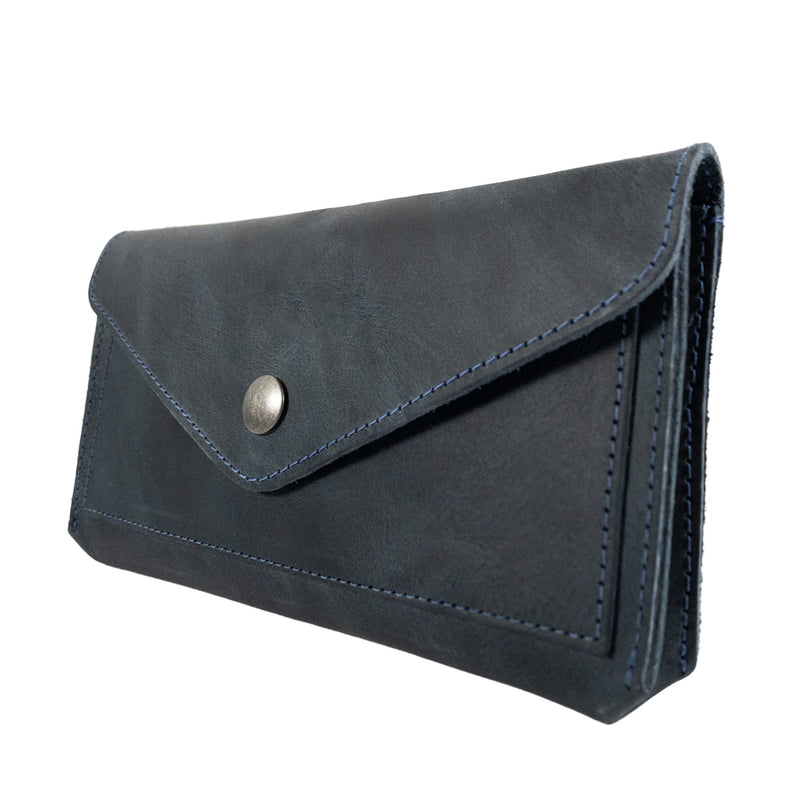 Hide & Drink, Full Grain Leather Large Female Wallet, Travel Organizer for Women, Vintage Money and Card Holder, Handmade, Slate Blue