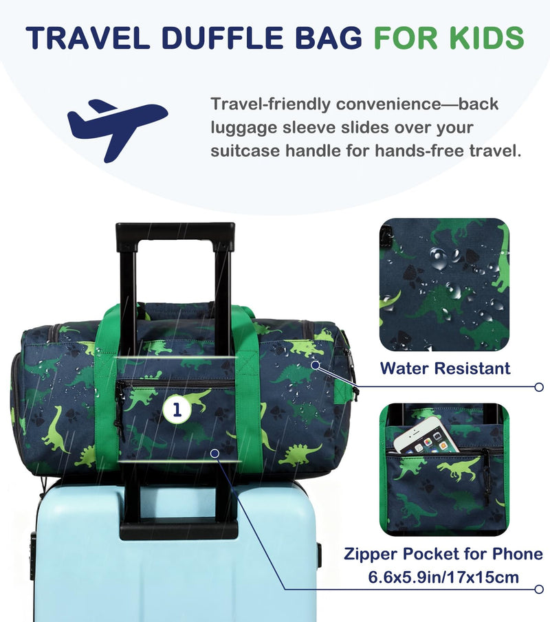 Kids Duffle Bag,VASCHY Travel Bag for Toddler Children Boys Water Resistant Overnight Duffel Ballet Dance Sport Carry On Weekender Bag with Shoes Compartment Dry Wet Pocket Green Dinosaur