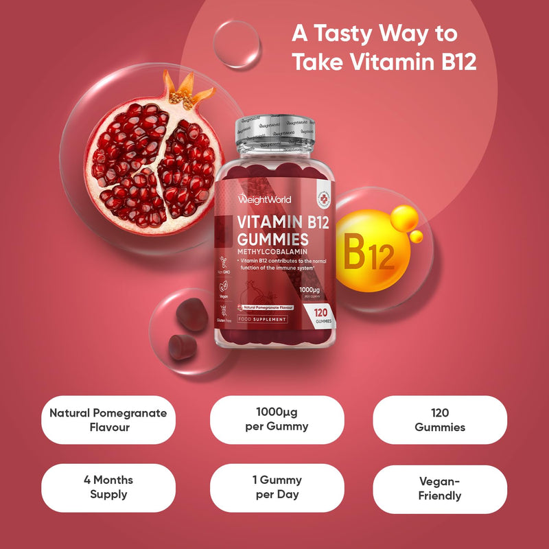 Vitamin B12 Gummies - 120 Gummies - 4 Months Supply - 1000mcg - Tasty, Natural Pomegranate Flavour - 1 per Day - Vegan & Gluten-Free - Methylcobalamin Form for Easy Absorption - B12 Vitamin Supplement