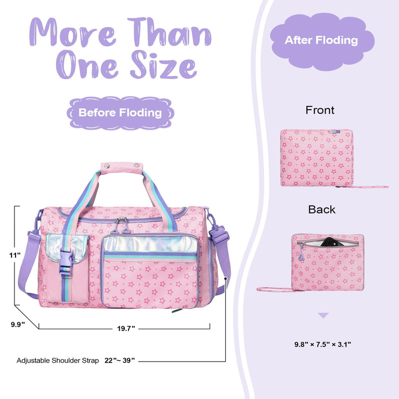 WOOMADA Travel Duffle Bag, Weekend Bag with Wet Pocket & Trolley Sleeve, Gym Dance Bag With Shoe Compartment(Star Pink) Star Pink