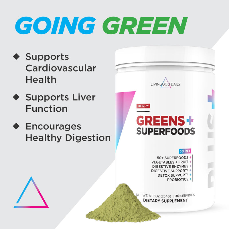 [Australia] - Livingood Daily Greens Superfood Powder (Berry) - Super Greens Powder for Gut Health - Green Juice Powder Supplement with Spirulina, Chlorella, Enzymes, & Probiotics for Liver & Digestive Support Berry 