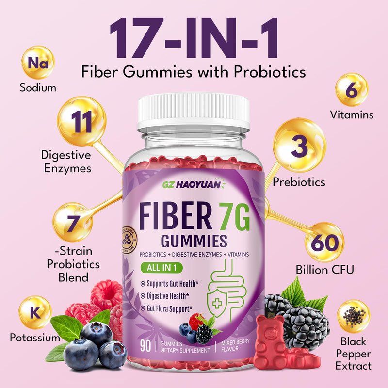 Fiber Gummies for Adults - Sugar Free Fiber Supplement 17 in 1, Probiotic 60 Billion CFU & Prebiotic with Digestive Enzymes, Inulin, Psyllium, Support for Gut & Digestive Health, 180 Count Mixed Berry 180 Count (Pack of 1)