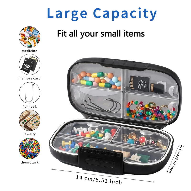 Large Pill Organizer for Purse 7 Day Vitamin Box Travel Case for Fish Oil | Black Pill Container with Label,Double Lock,Water-proof Medicine Holder,Portable for Daily Supplements & Small Accessories
