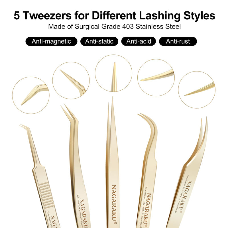 [Australia] - NAGARAKU 5 PCS Tweezers for Eyelash Extensions Straight and Curved Precision Professional Tweezer for Lash Extensions Volume Easy Fanning lash Precise Point with Storage Case Bag 5 tweezers with box 