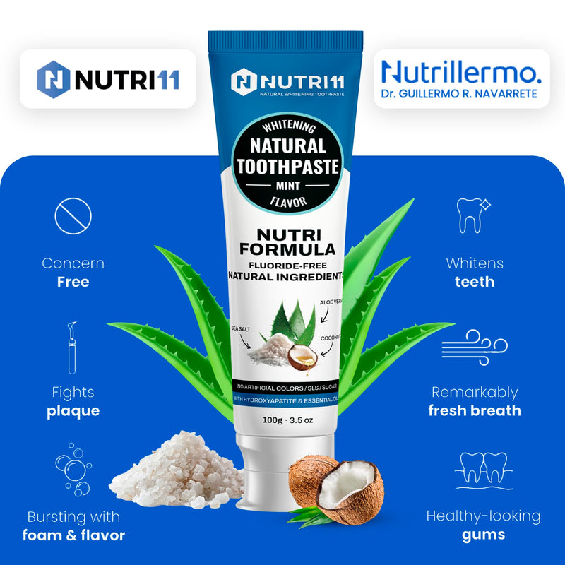 Nutri 11 Natural Whitening Toothpaste | Fluoride-Free & SLS-Free | Enamel Remineralization with Hydroxyapatite & Baking Soda | Sensitive Teeth Safe | Fresh Mint Flavor | 100g