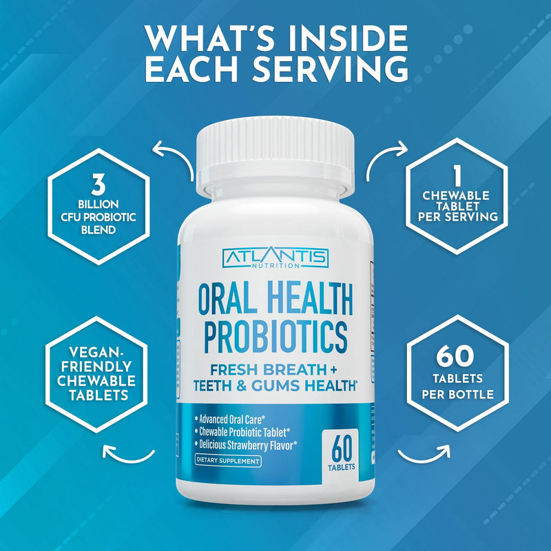 [Australia] - Atlantis Nutrition Oral Probiotics Chewable Tablet - Dental Probiotic for Gum Care & Teeth Care - Bad Breath Treatment for Adults - 3 Billion CFU Probiotic Blend - Strawberry Flavor - 60 Tablets 60 Count (Pack of 1) 