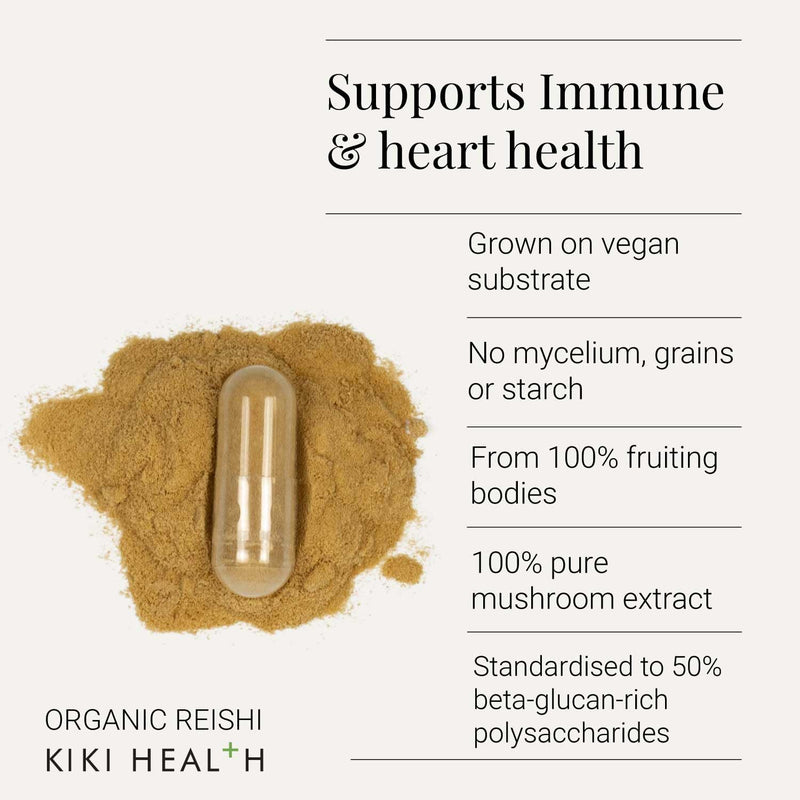 KIKI Health - Organic Reishi Mushroom Extract Capsules 400mg - High Potency - from 100% Fruiting Bodies - 50% Beta-Glucan Rich Polysaccharides - Vegan Friendly - 60 Capsules