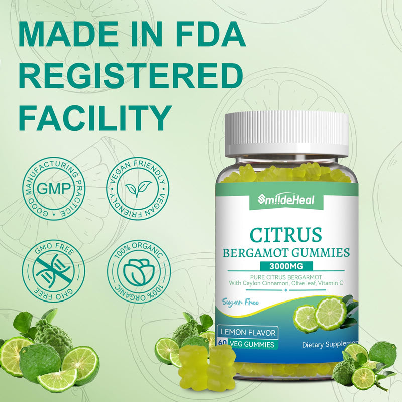 Citrus Bergamot Gummies 3000mg, Cholesterol Gummies, 60 Count | Bergamot Supplement for High Cholesterol, Cholesterol Lowering Supplement for Heart, Immune System & Anti-Aging, Sugar Free 1