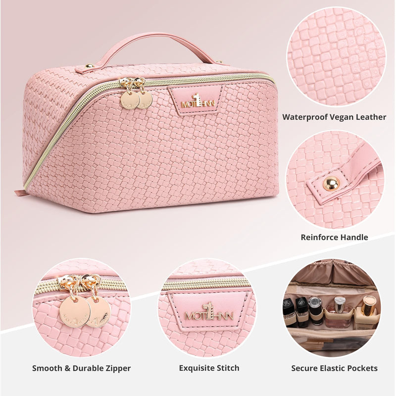 Travel Makeup Bag for Women: 3 Pcs Set Vagen Leather Make up Bag Hand-made | Large Capacity Toiletry Organizer Bag - Waterproof Ladies Travel Flat Open Essentials for Luxury (01Pink) 01Pink Travel Makeup Bag