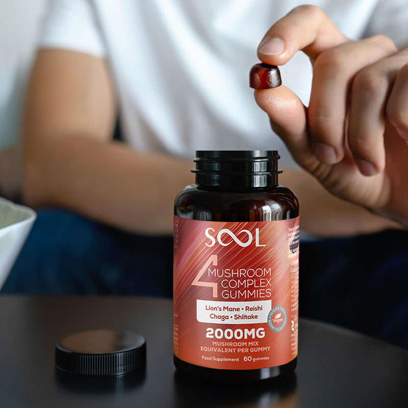 SOOL 4 Mushroom Complex Gummies 2000mg, 60pcs, Berry Flavour: Chaga, Reishi, Shiitake, Lions Mane Supplement | Nootropics Gummies High Strength | Memory & Focus, Energy, Immunity Booster Supplement 60 count (Pack of 1)