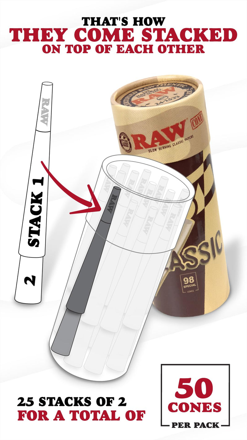 [Australia] - RAW Cones Classic 98 Special | 50 Pack | Natural Pre Rolled Rolling Paper with Tips & Packing Tubes Included 