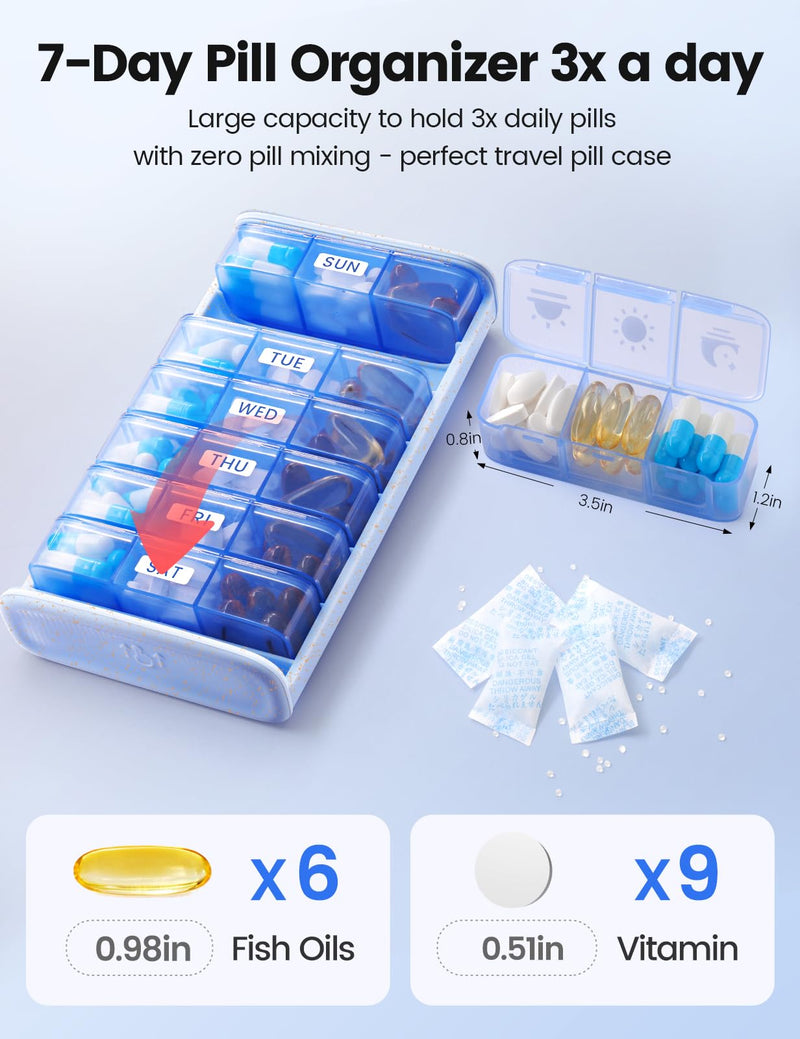 Vaydeer Metal Pill Organizer 3 Times a Day, Weekly Pill Box with Built-in Desiccant Compartment, Airtight 7 Day Travel Pill Case for Medication, Vitamins & Supplements (Black) Black