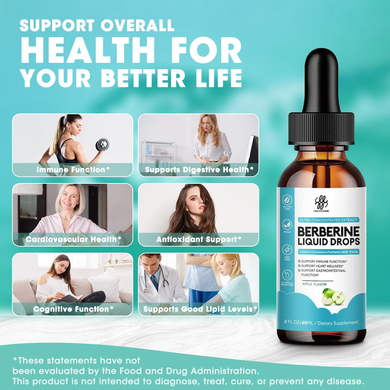 [Australia] - Berberine HCL 1200mg, 6-in-1 Berberine Complex Liquid drop for Cardiovascular Care & Body Management, Berberine with Ceylon Cinnamon, Antioxidant & Heart Health Support, Apple Flavor, 2 Fl Oz 