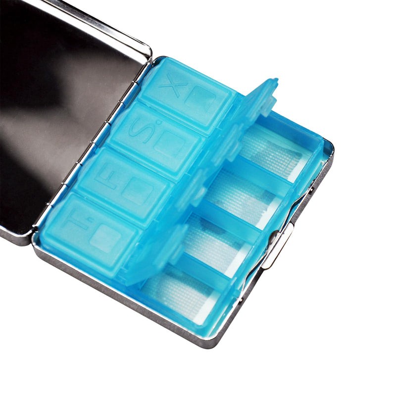 Stylish Metal Pill Organizer with 8 Compartments – Compact Travel Pill Case with Mirror Food-Grade Dividers Versatile for Medications, Vitamins, Jewelry (Celestial Sunflower) Celestial Sunflower