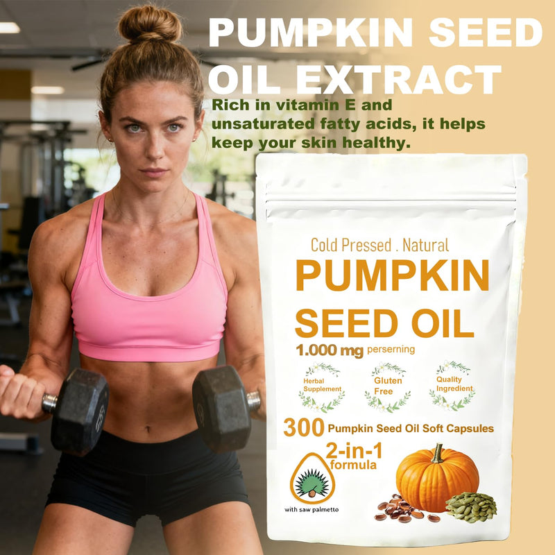 300 Pumpkin Seed Oil Soft Capsules - Cold Pressed Lock Nutrition, 2-in-1 Formula Contains Unsaturated Fatty Acids, Added Pumpkin Seed Extract, Beneficial for Health, Non GMO, Gluten Free.