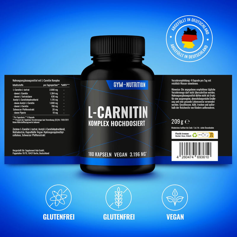 [Australia] - L - CARNITIN Triple Complex 3196mg 180 capsules ultra high dosage - L-carnitine tartrate, acetyl-L-carnitine black pepper - quality - vegan - new formula 