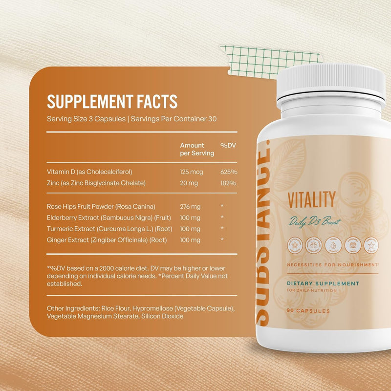 SUBSTANCE. Nature’s Vitality Daily D3 Boost Supplement - Vitamin D3, Zinc, Elderberry, Turmeric & Ginger - Immune Support & Bone Health - 90 Capsules Vitamin D